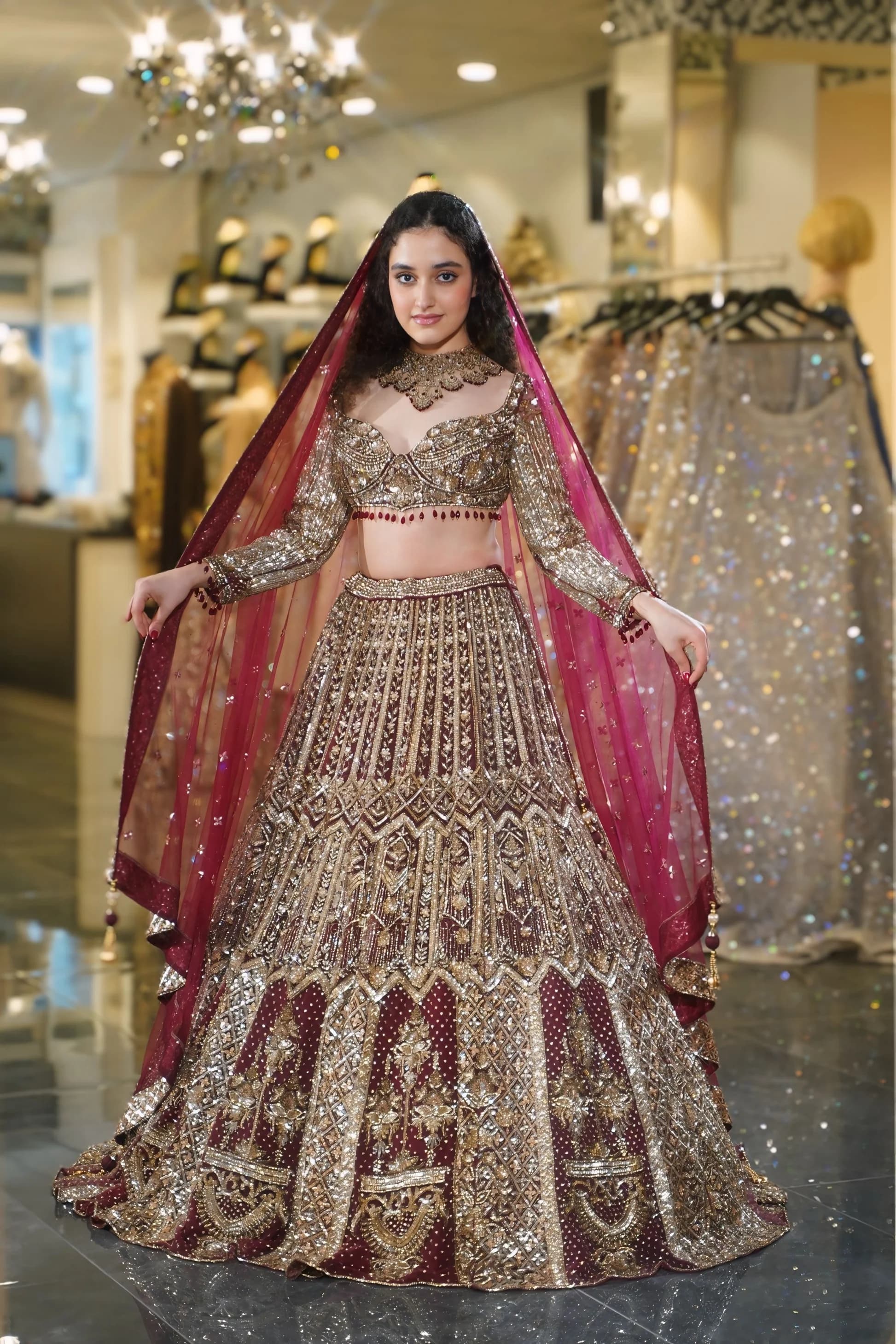 Woman in an exquisite silk lehenga with intricate gold embroidery